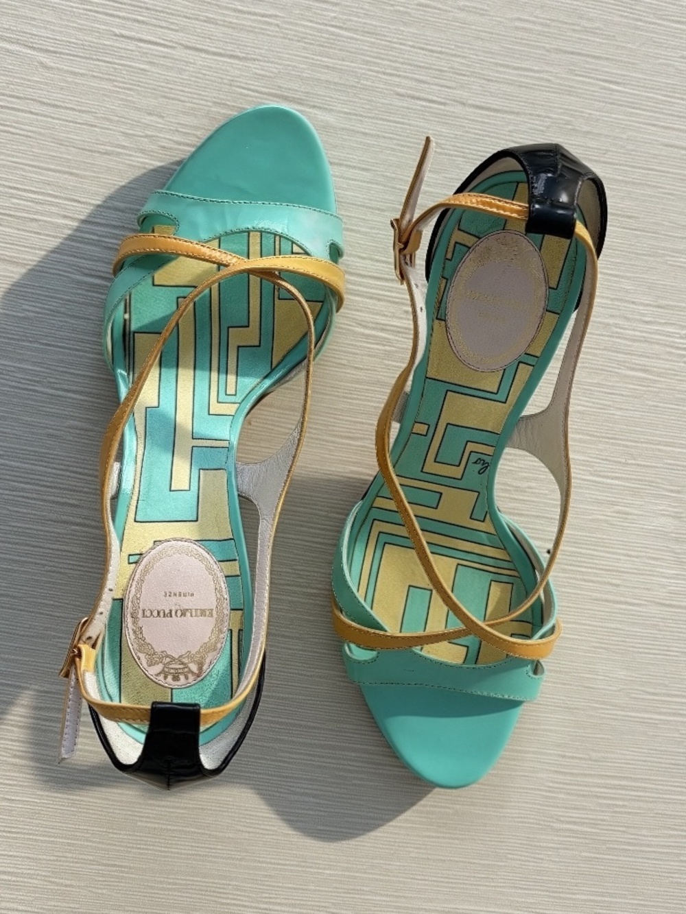 Emilio Pucci Archive Turquoise Gold Leather Sandals EU 36.5 Italy Y2K